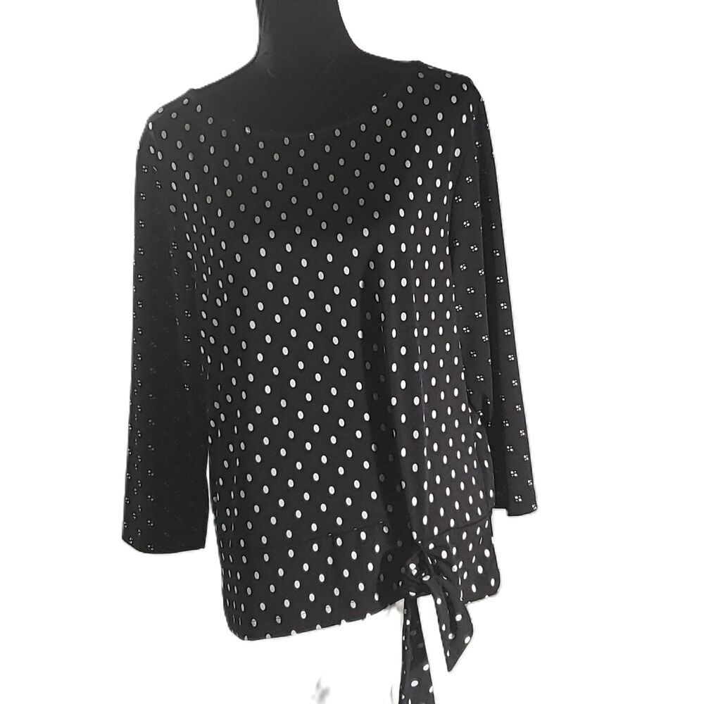 Chicos Black White Polka Dot Pullover Bow Round Neck Top Size 3
